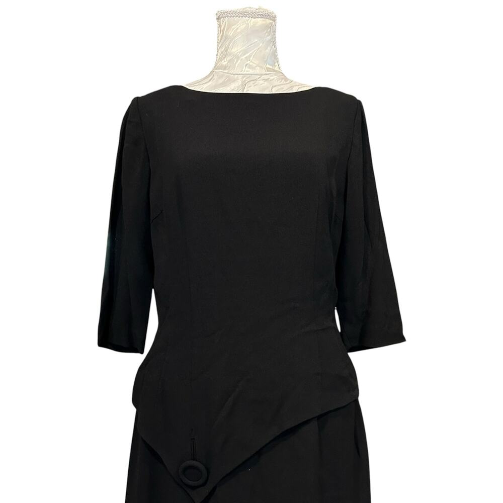 Vintage 60s Black Peplum Midi Dress Bateau Neck 3/4 Sleeve Size 8 - Picture 8 of 16